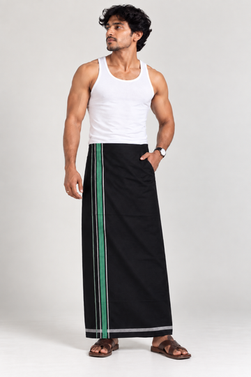Black Velcro Pocket Dhoti with Assorted Vertical Border