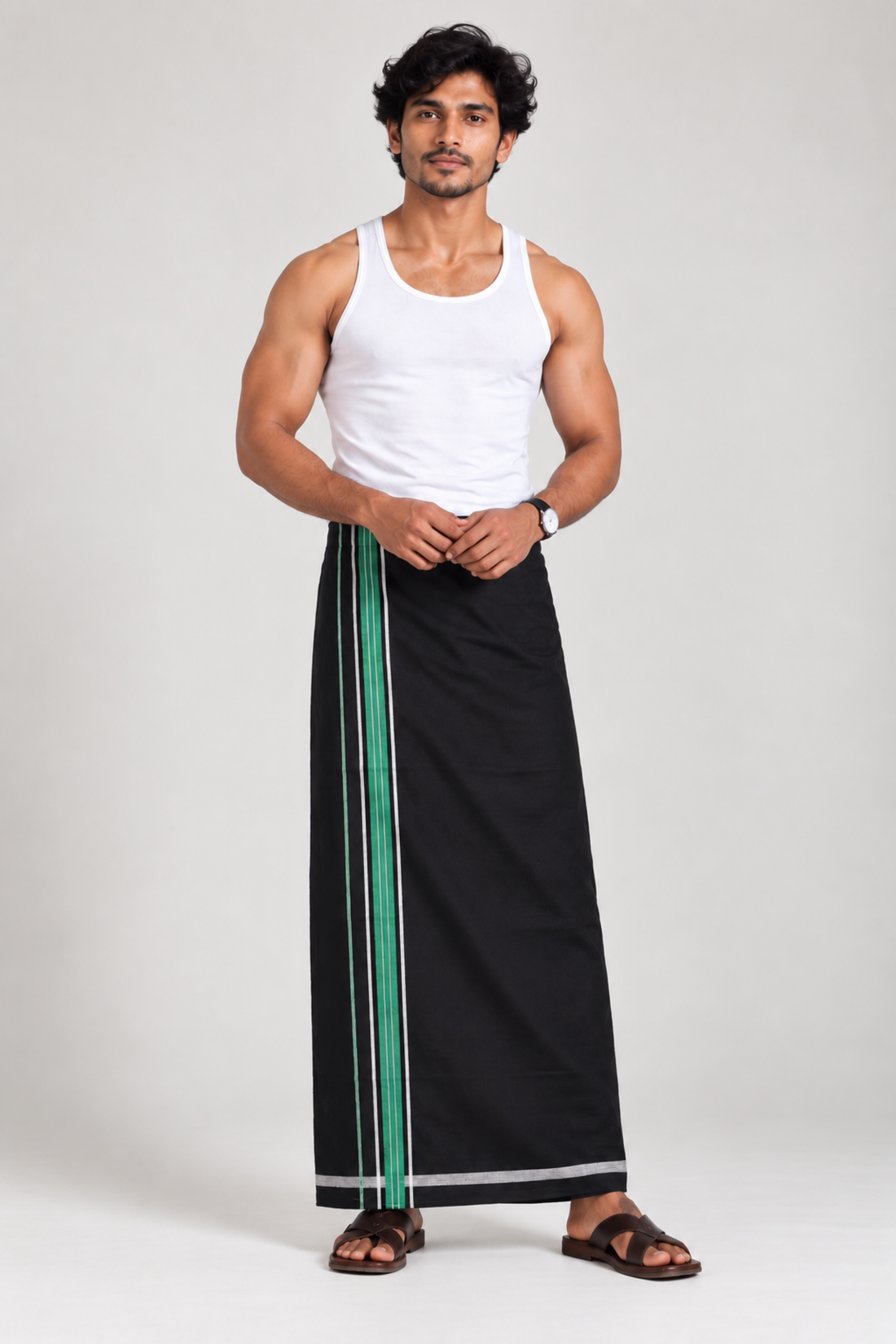 Black Velcro Pocket Dhoti with Assorted Vertical Border