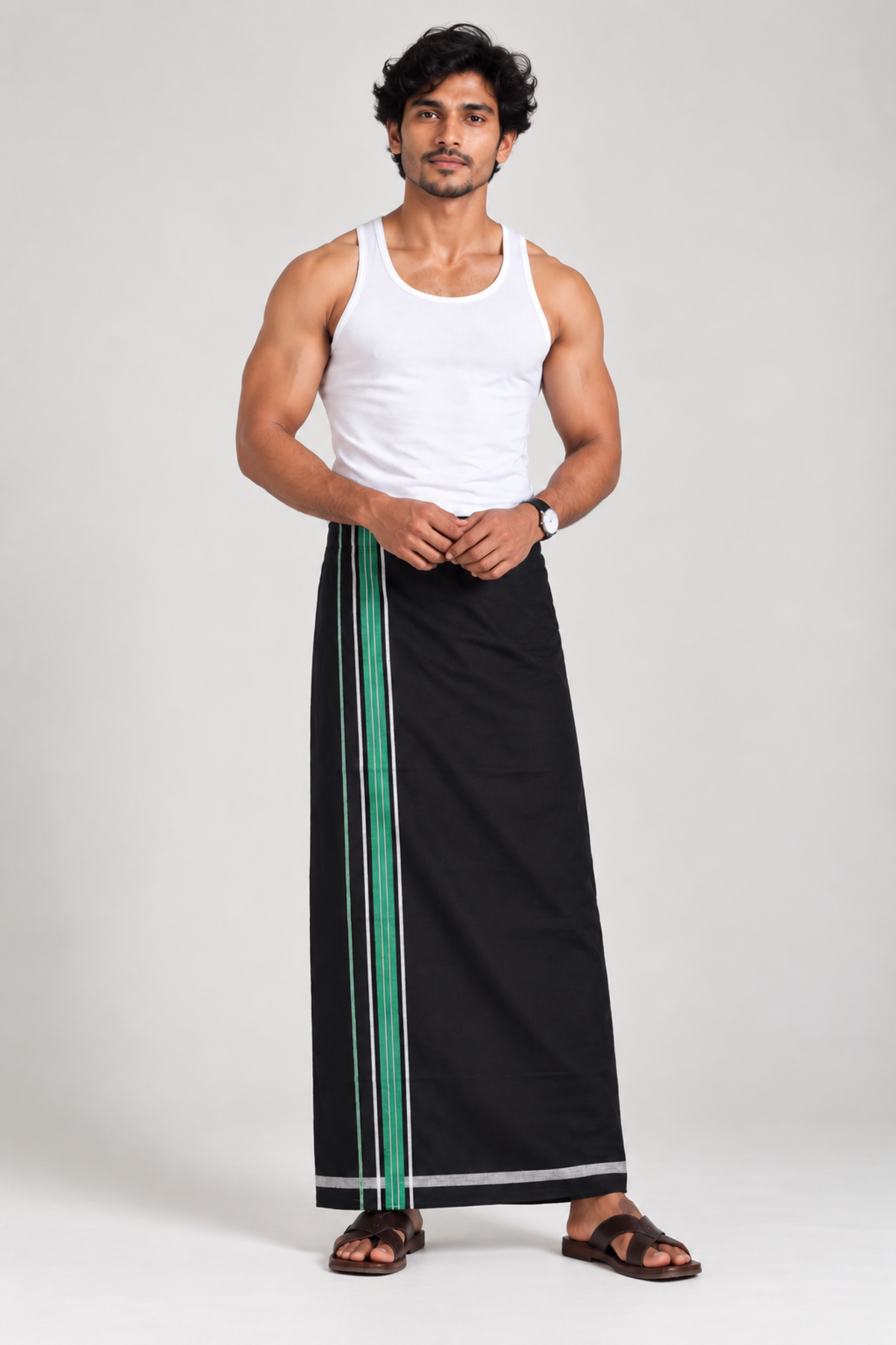 Black Velcro Pocket Dhoti with Assorted Vertical Border