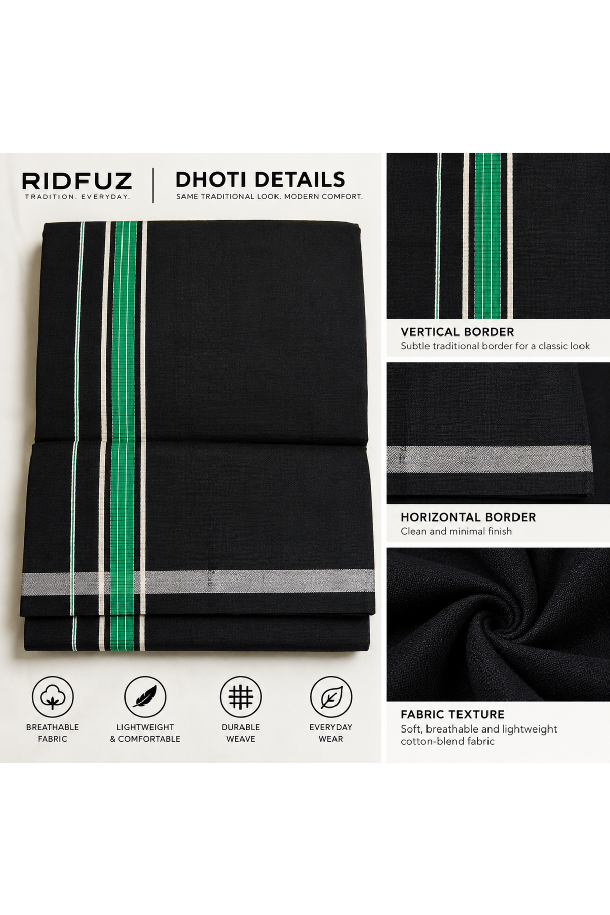 Black Velcro Pocket Dhoti with Assorted Vertical Border