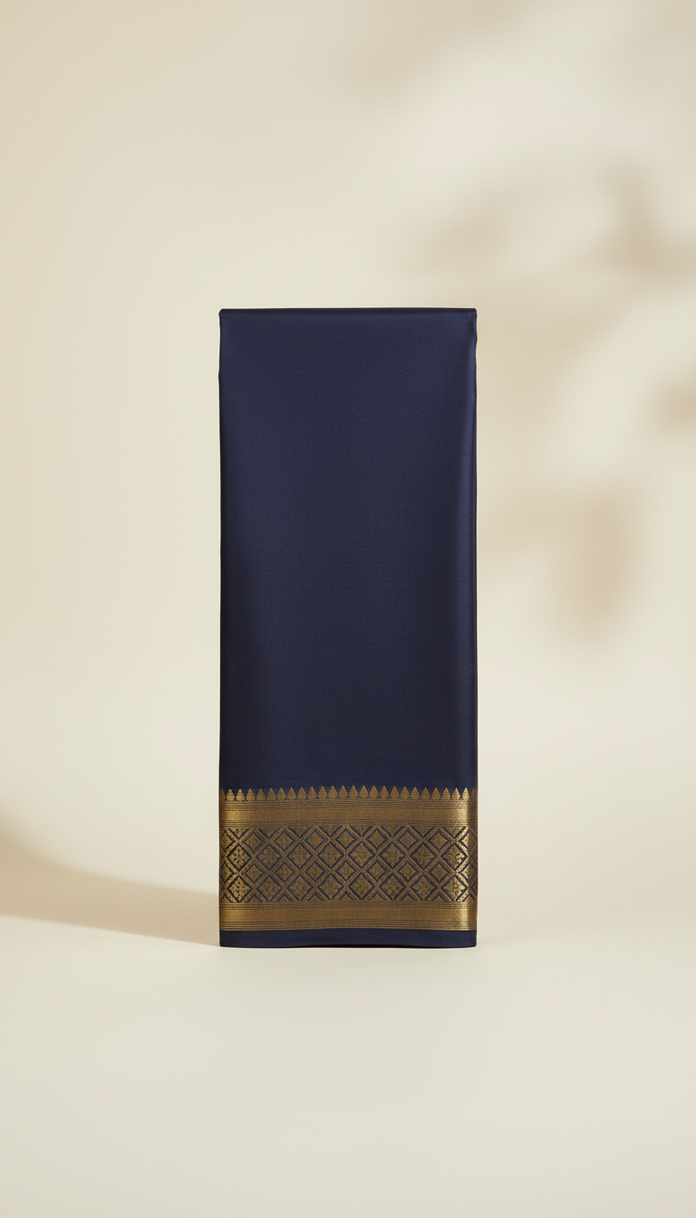 Midnight blue silk veshti with matte gold border