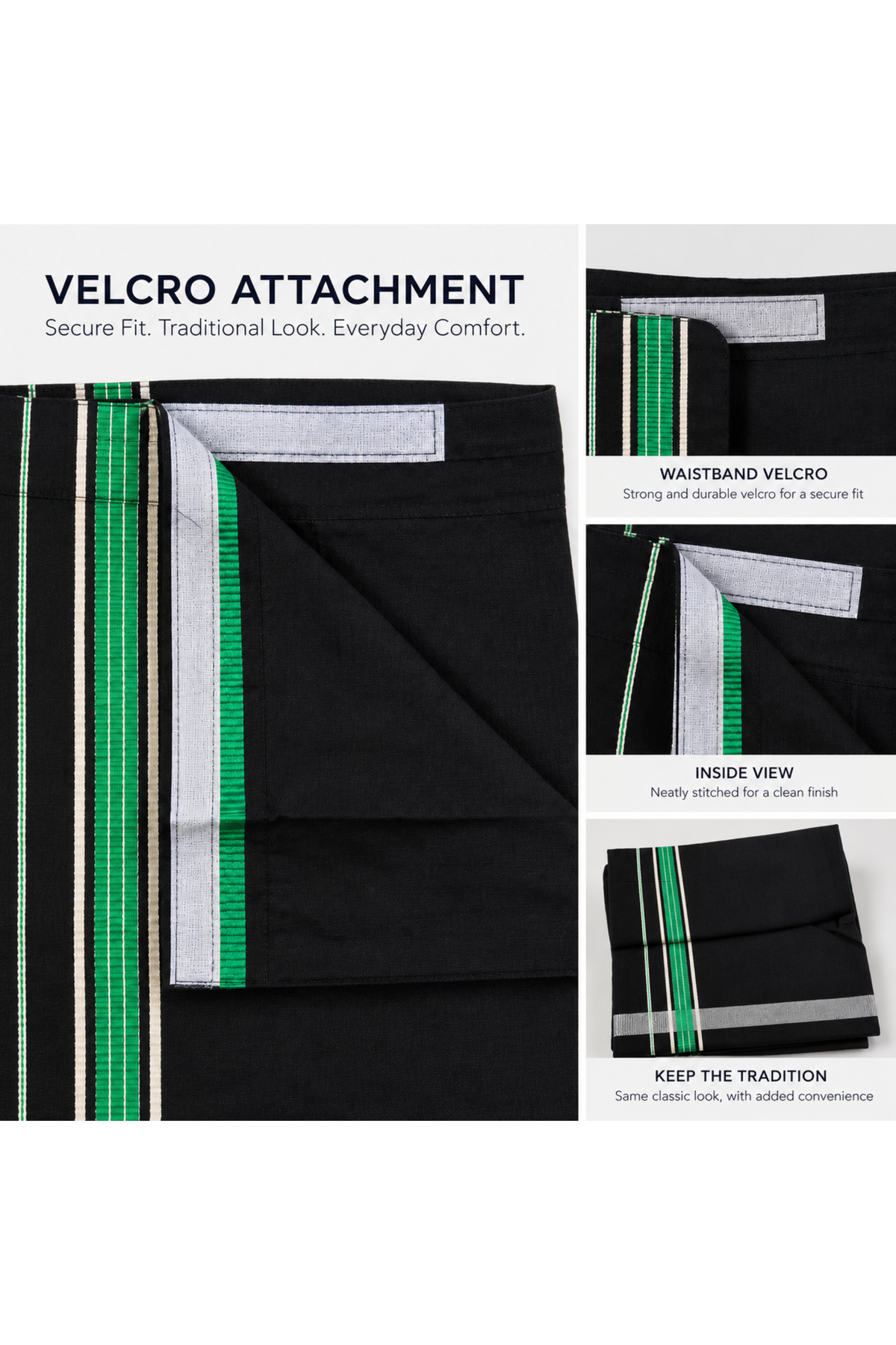 Black Velcro Pocket Dhoti with Assorted Vertical Border