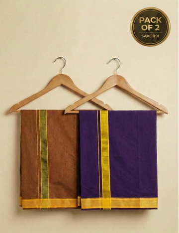 Rust Brown & Violet Colour Cotton Blend Single Layer Dhoti Combo (Padayappa Border) | Pack Of 2