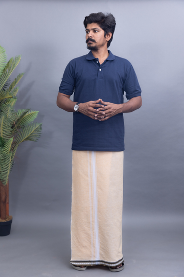Navy Blue T-Shirt & Sandal Colour Cotton Dhoti Combo for Men | Thalapathy Border| Single Layer | Comfortable Dhoti Set