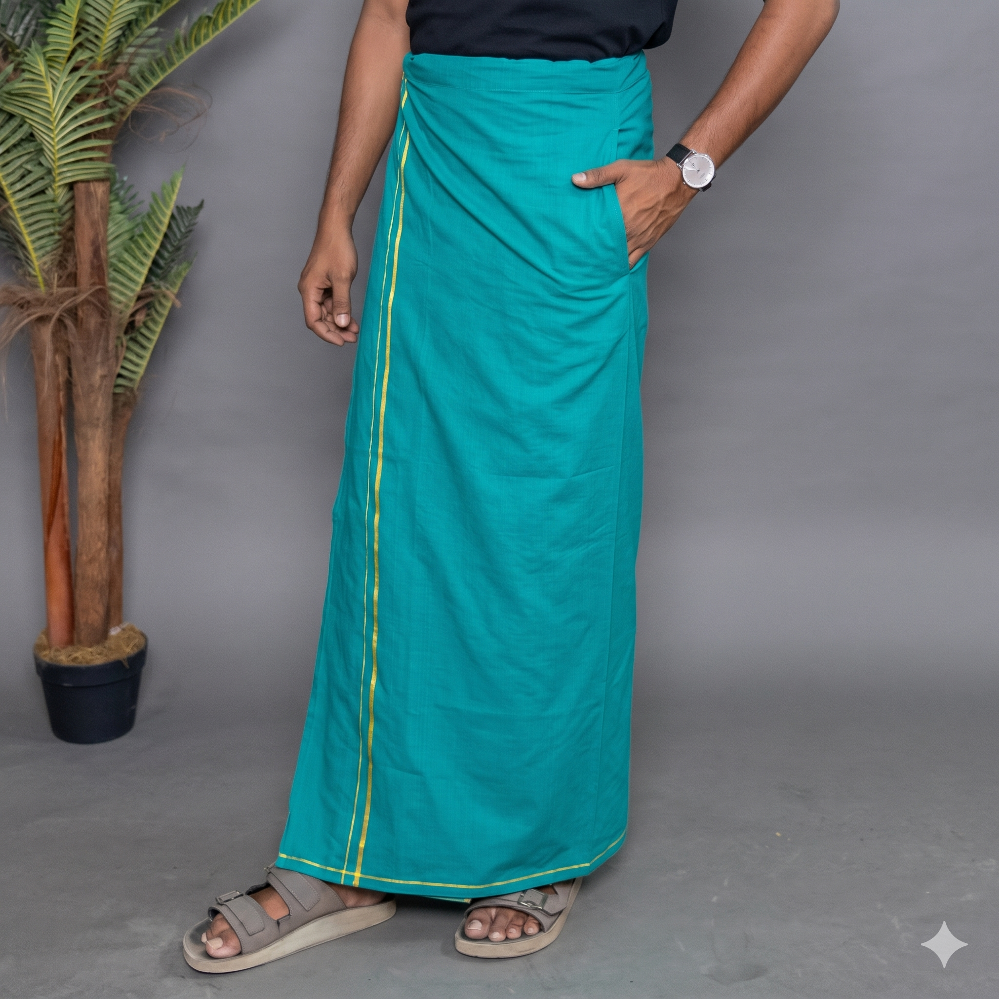 Green Colour Dhoti for Men with Velcro & Pocket – Casual Comfort Veshti