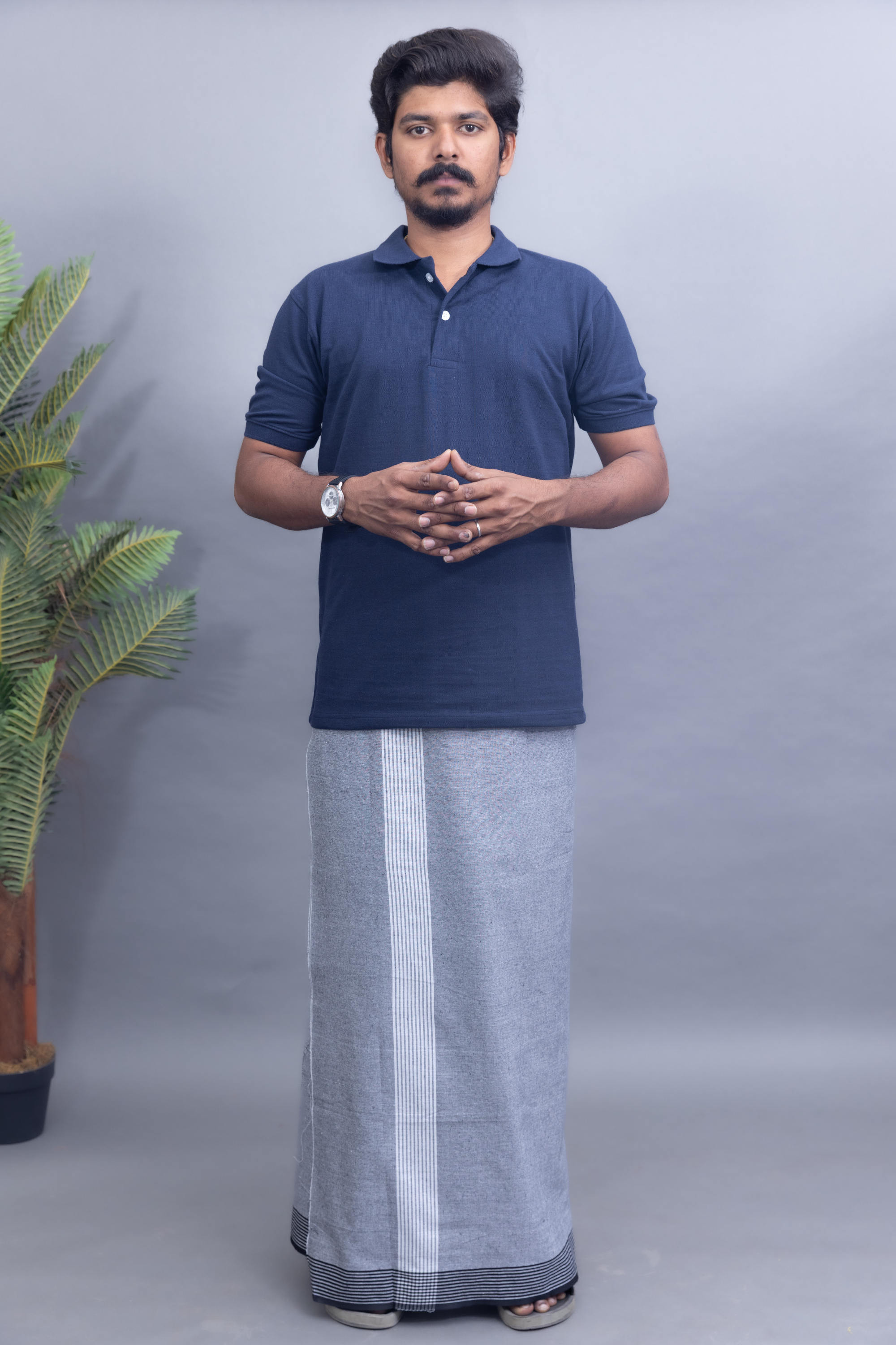 Navy Blue Polo Collar T-Shirt with Silver Vari Kara Dhoti Combo | Men's Cotton Dhoti Set | Single Layer