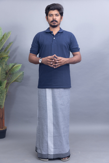 Navy Blue Polo Collar T-Shirt with Silver Vari Kara Dhoti Combo | Men's Cotton Dhoti Set | Single Layer