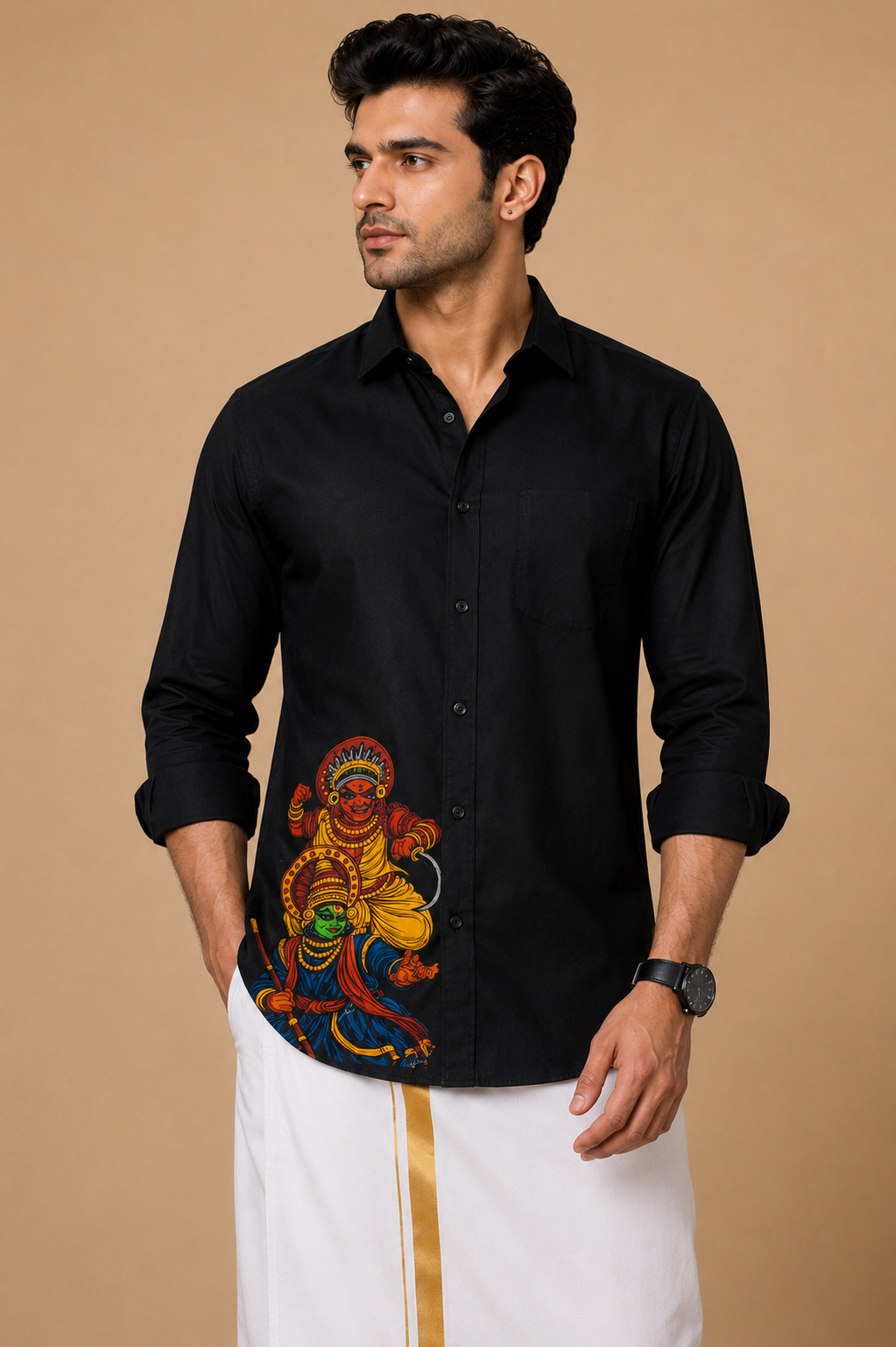 Pure Cotton Full Sleeve Black Shirt – Kathakali & Theyyam Printed