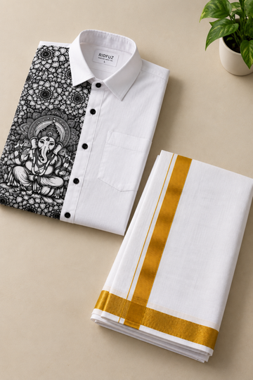 Ganesha Half Printed Shirt With White Pocket Dhoti Combo