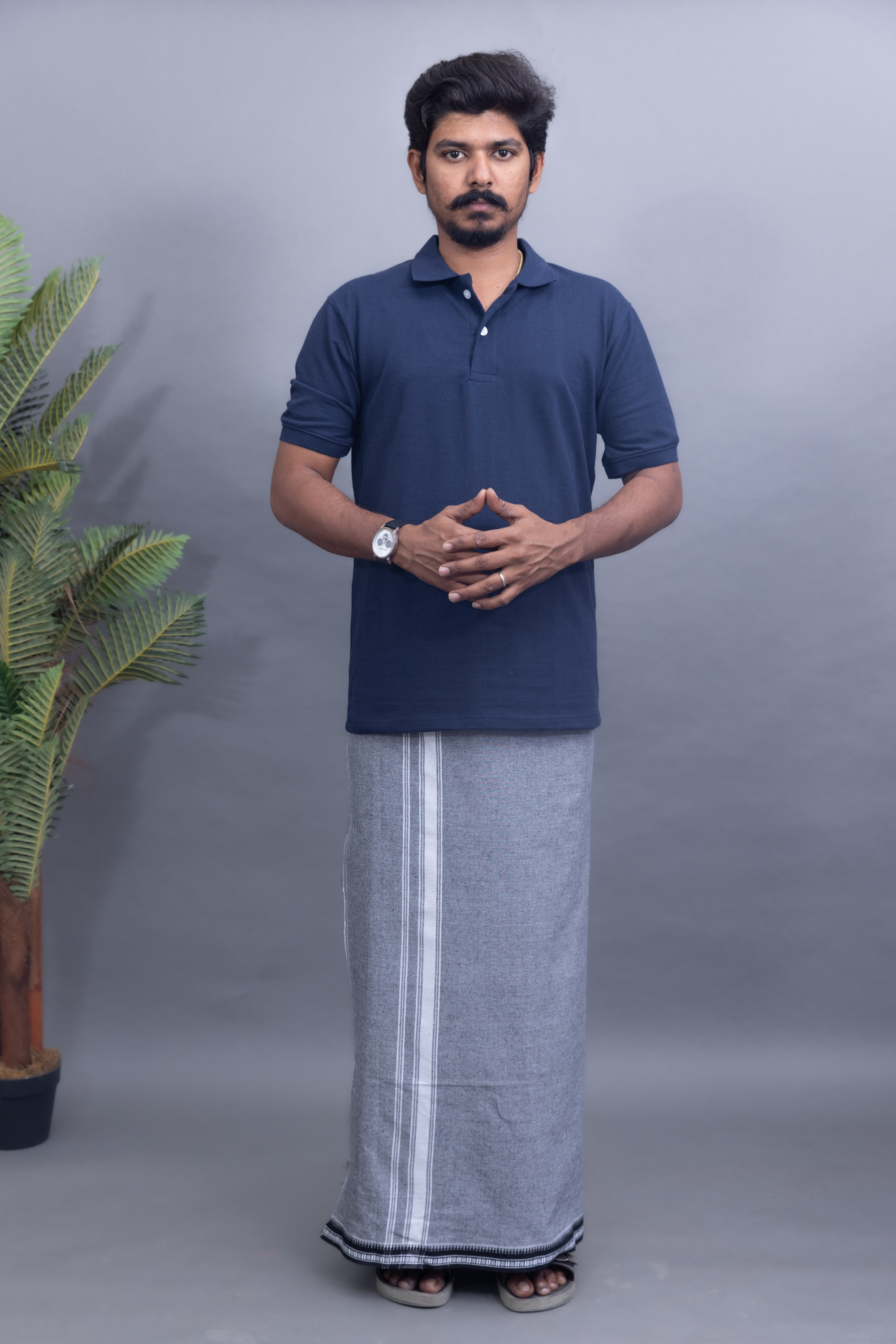 Navy Blue T-Shirt & Ash Grey Cotton Dhoti Combo for Men | Thalapathy Border| Single Layer | Comfortable Dhoti Set