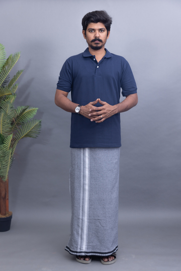 Navy Blue T-Shirt & Ash Grey Cotton Dhoti Combo for Men | Thalapathy Border| Single Layer | Comfortable Dhoti Set