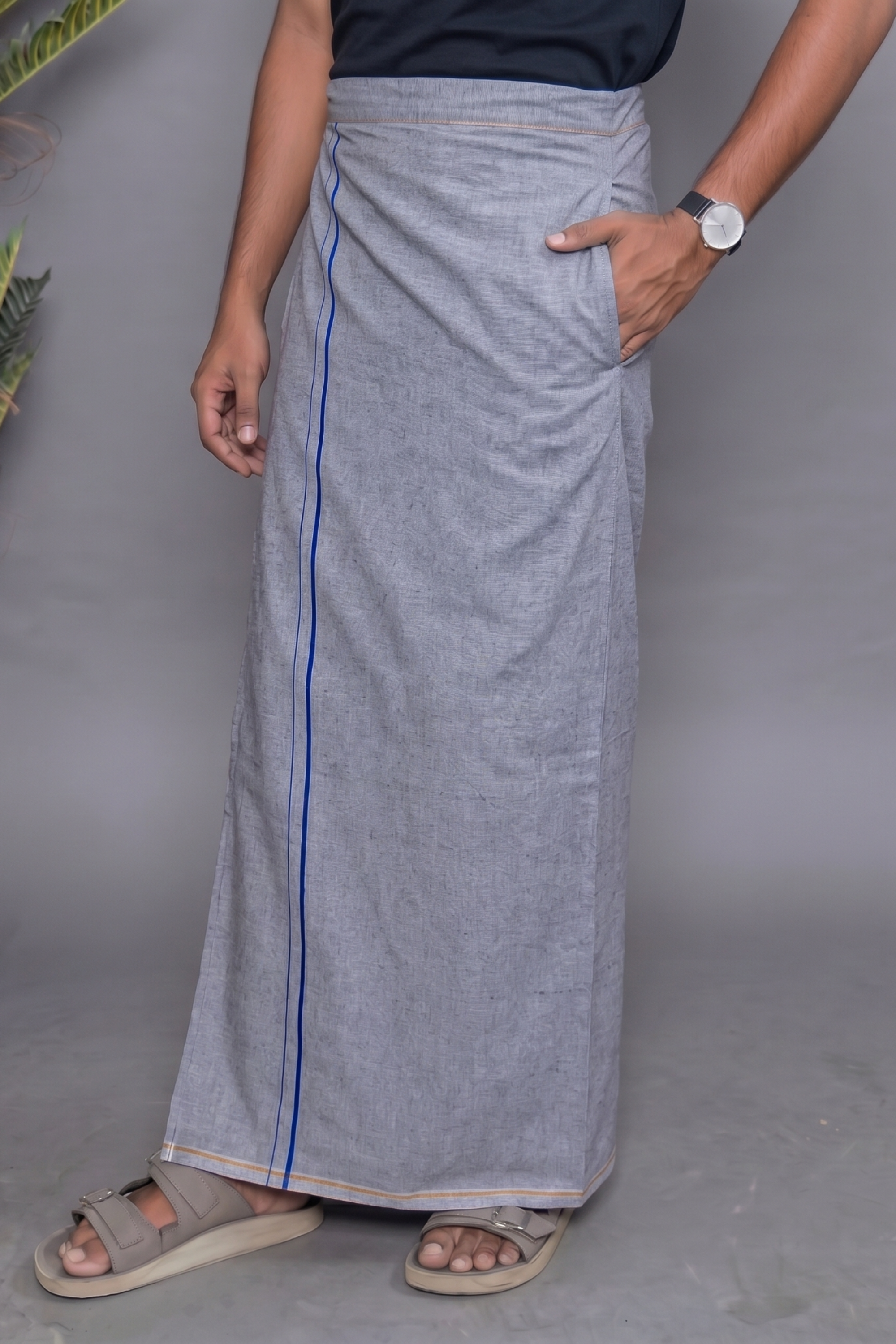 Grey Colour Dhoti for Men with Velcro & Pocket – Casual Comfort Veshti
