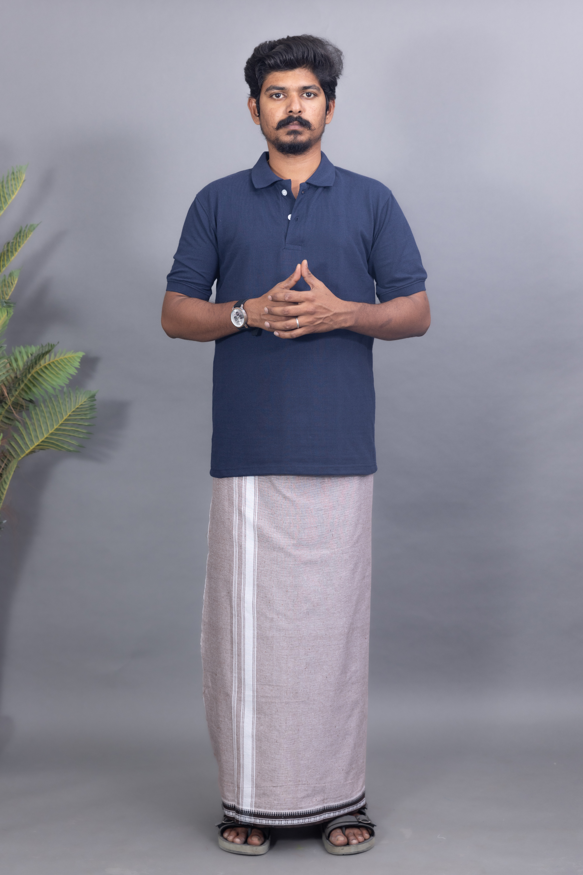 Navy Blue T-Shirt & Silver Grey Cotton Dhoti Combo for Men | Thalapathy Border| Single Layer | Comfortable Dhoti Set