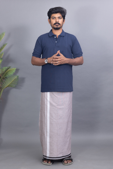 Navy Blue T-Shirt & Silver Grey Cotton Dhoti Combo for Men | Thalapathy Border| Single Layer | Comfortable Dhoti Set