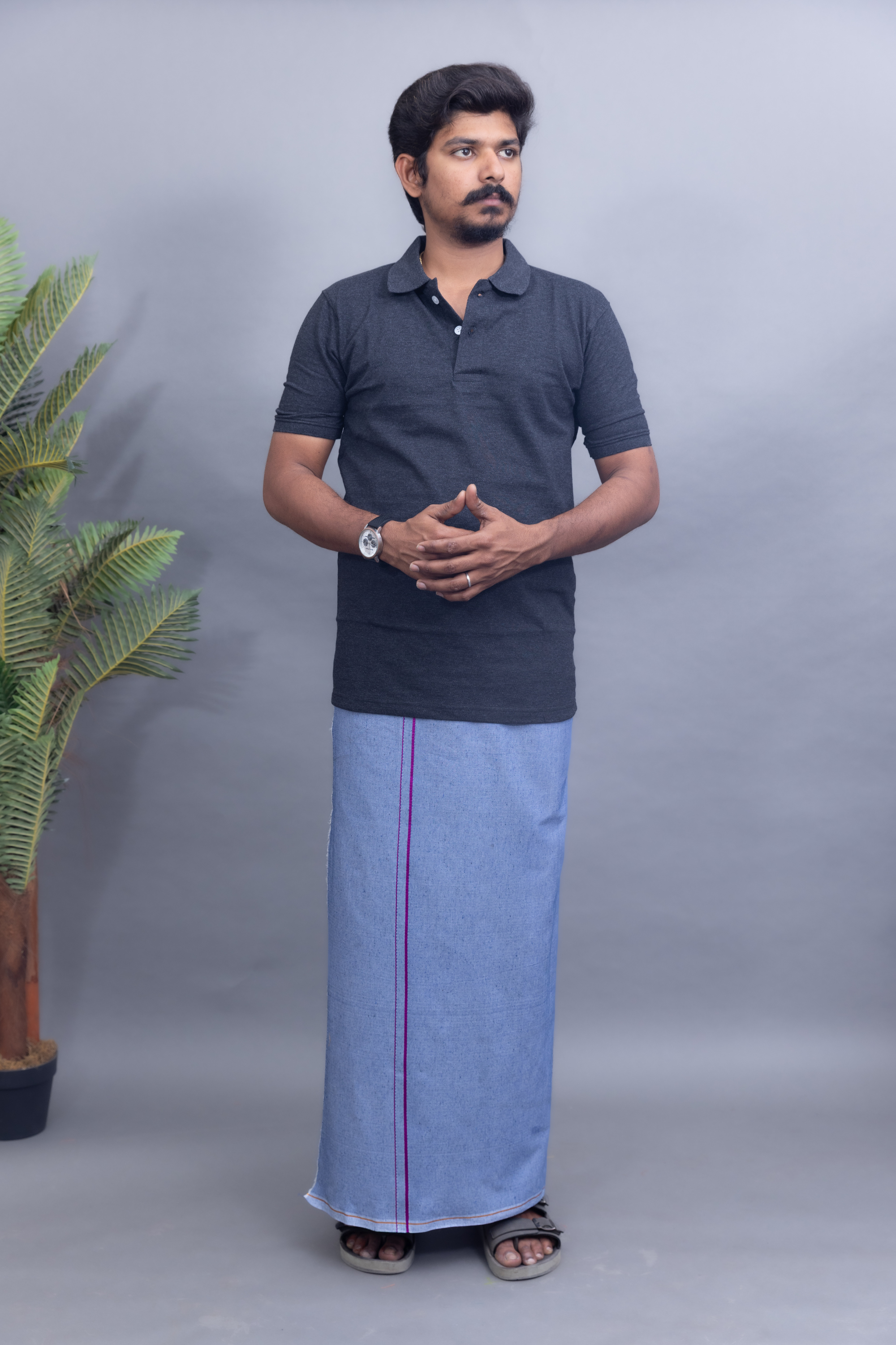 Dark Grey Polo Collar T-Shirt with Sky Blue Colour Dhoti Combo | Men's Cotton Dhoti Set | Single Layer