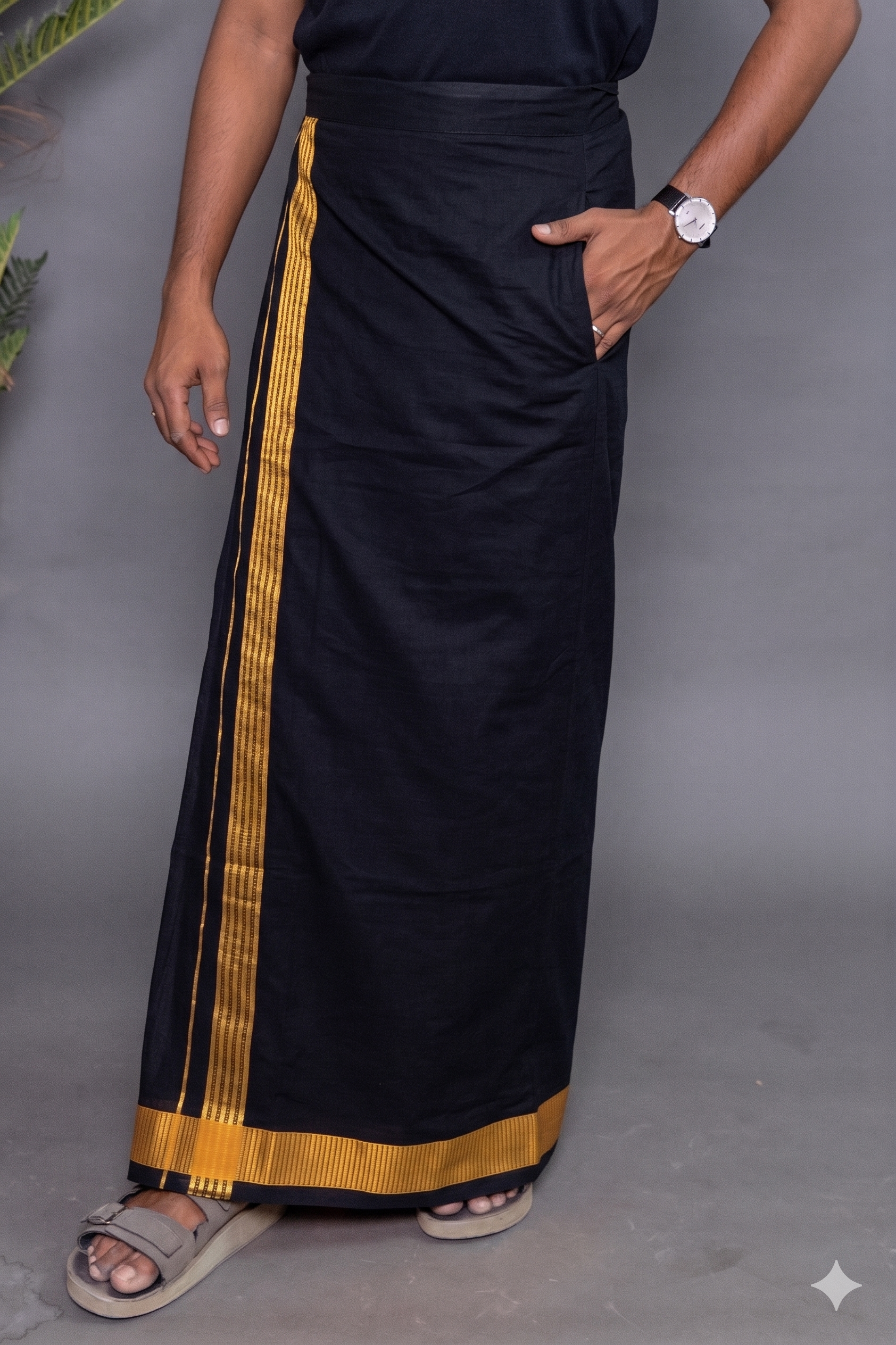 Black Colour Dhoti for Men with Velcro & Pocket – Fancy Border Comfort Wear