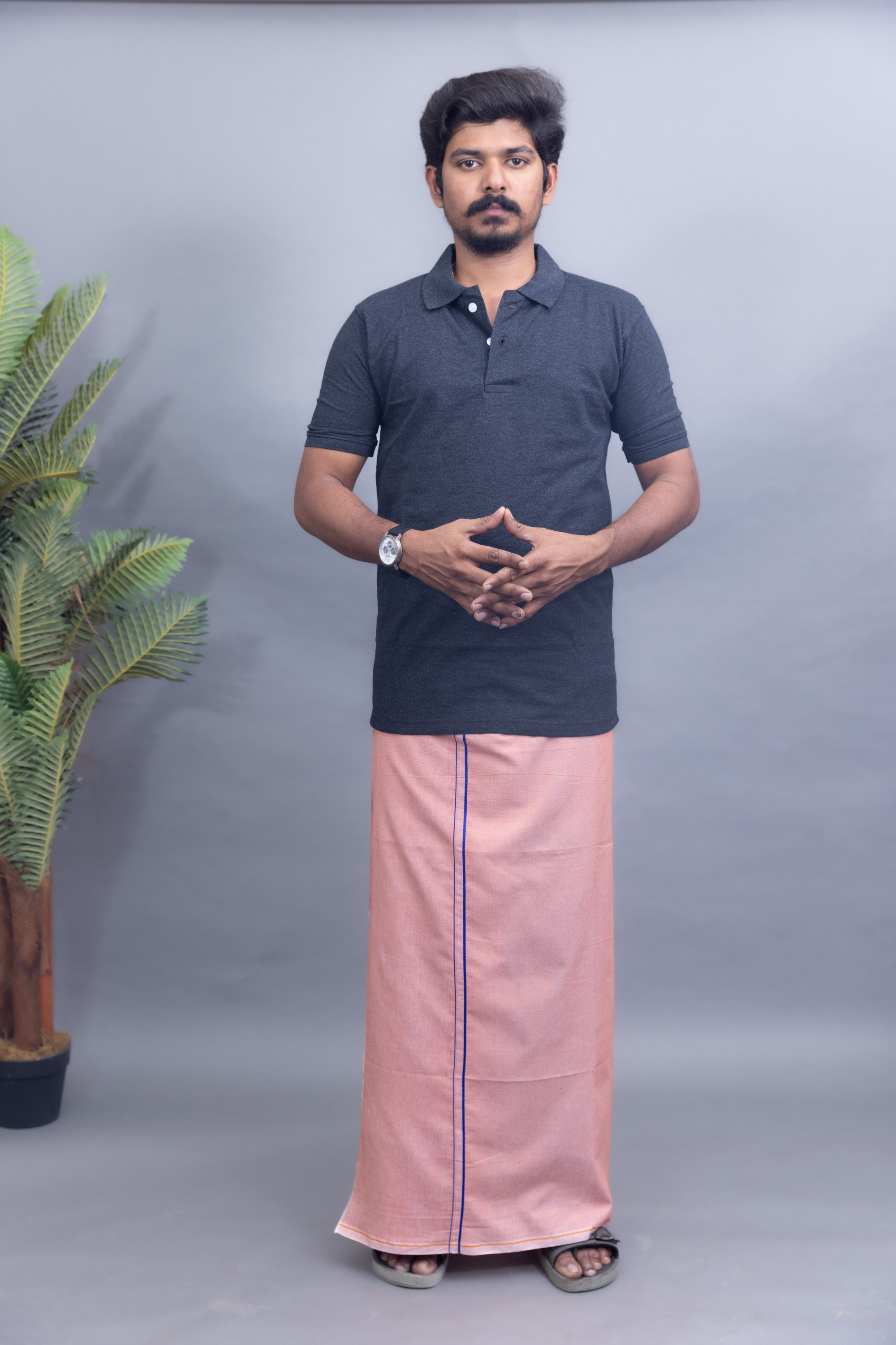 Dark Grey Polo Collar T-Shirt with Peach Colour Dhoti Combo | Men's Cotton Dhoti Set | Single Layer