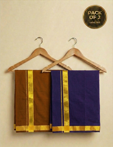 Rust Brown & Violet Cotton Blend Single Layer Dhoti Combo (Rajamanikkam Border) | Pack Of 2