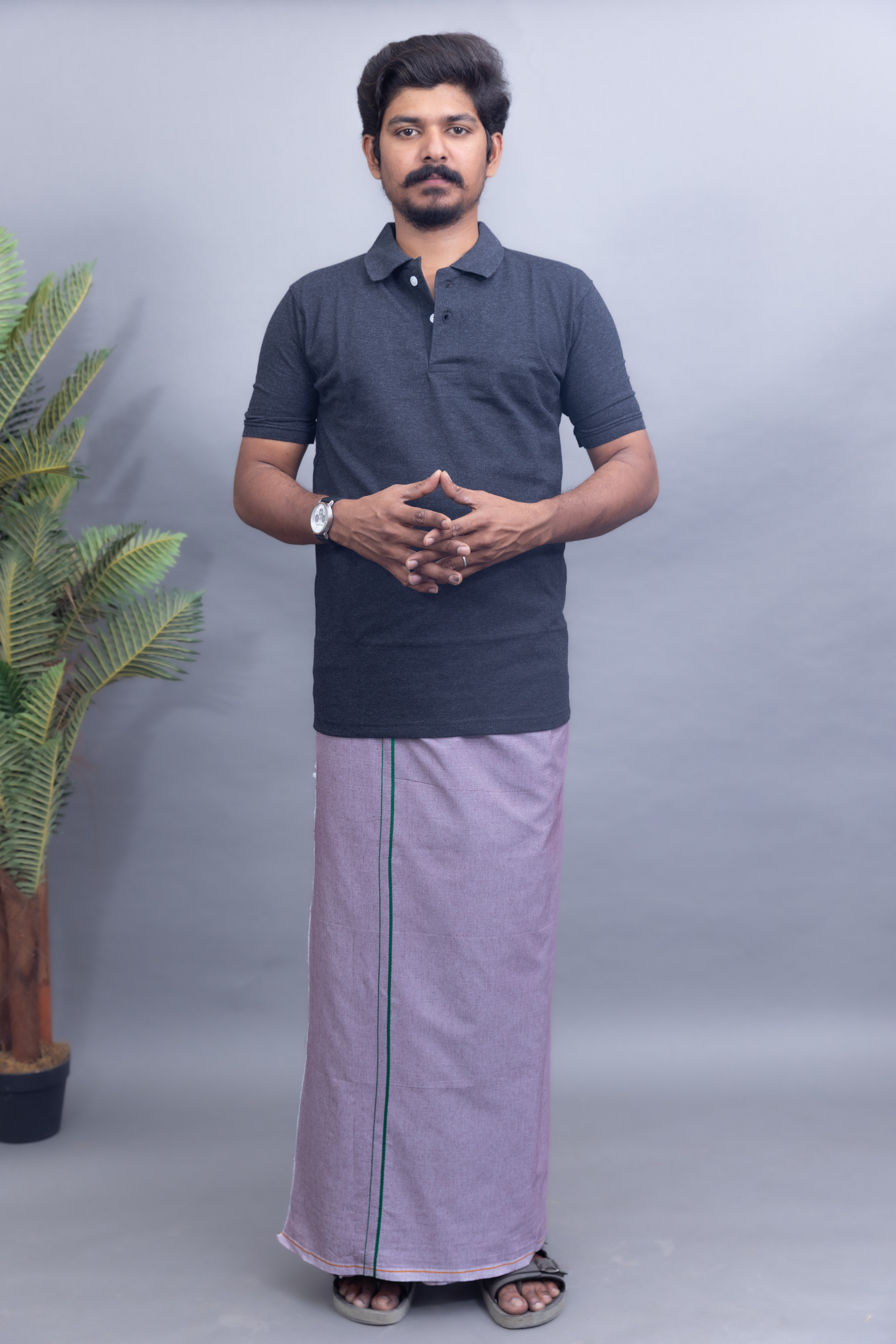 Dark Grey Polo Collar T-Shirt with Lavender Grey Colour Dhoti Combo | Men's Cotton Dhoti Set | Single Layer