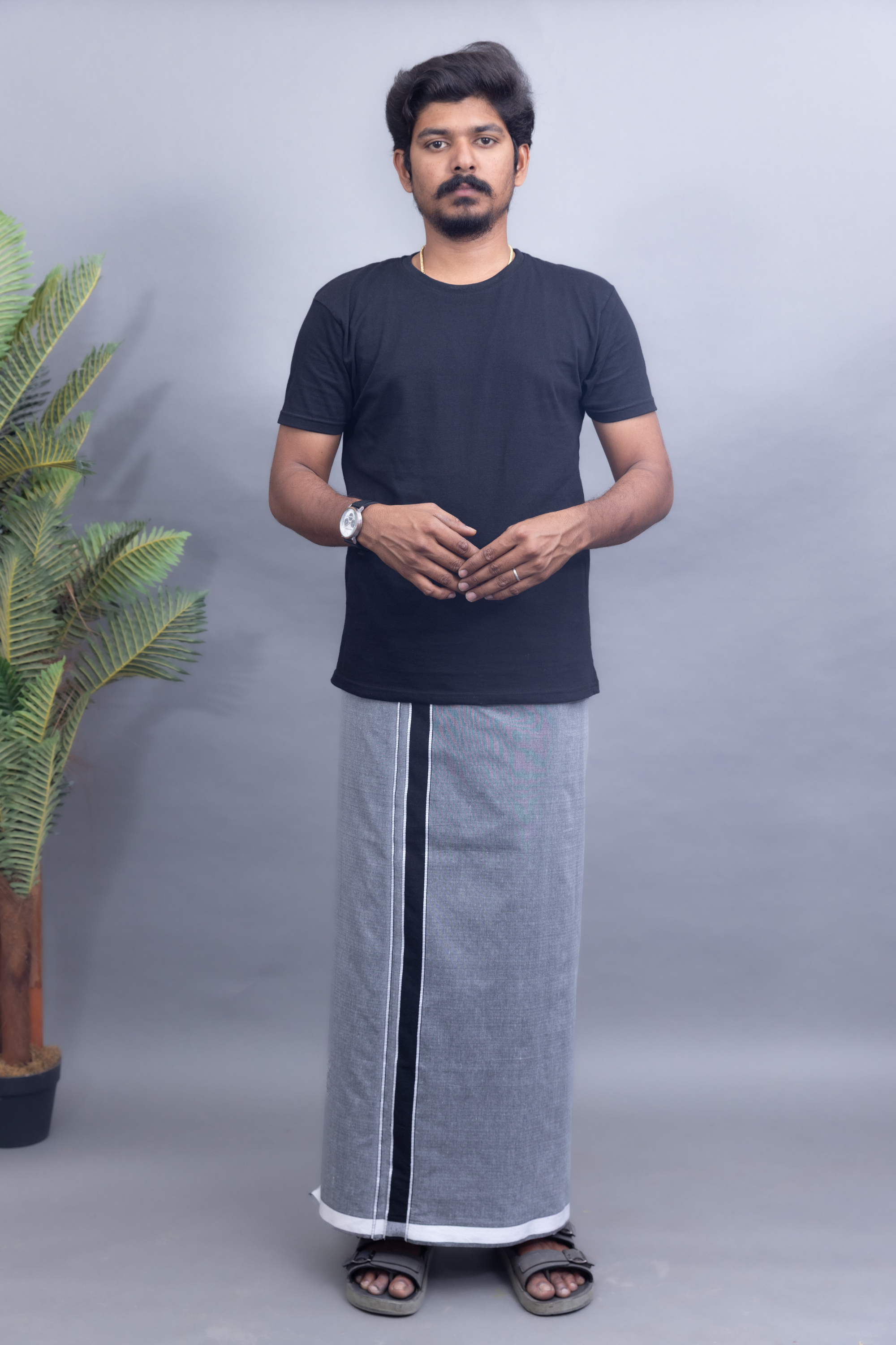Black T-Shirt + Grey Colour Dhoti Combo | Daily Wear South Indian Style Set for Men