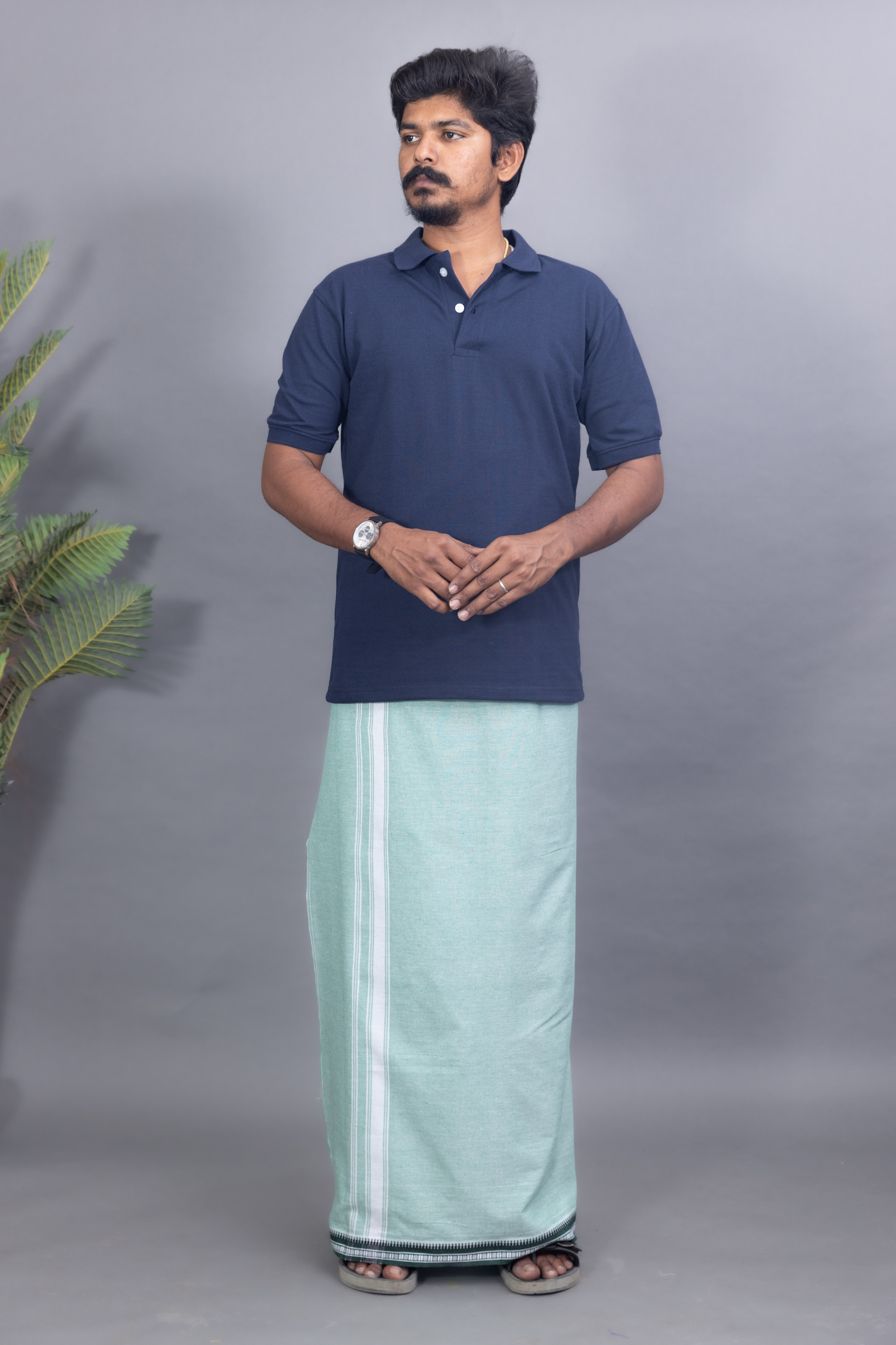 Navy Blue T-Shirt & Pista Green Cotton Dhoti Combo for Men | Thalapathy Border| Single Layer | Comfortable Dhoti Set