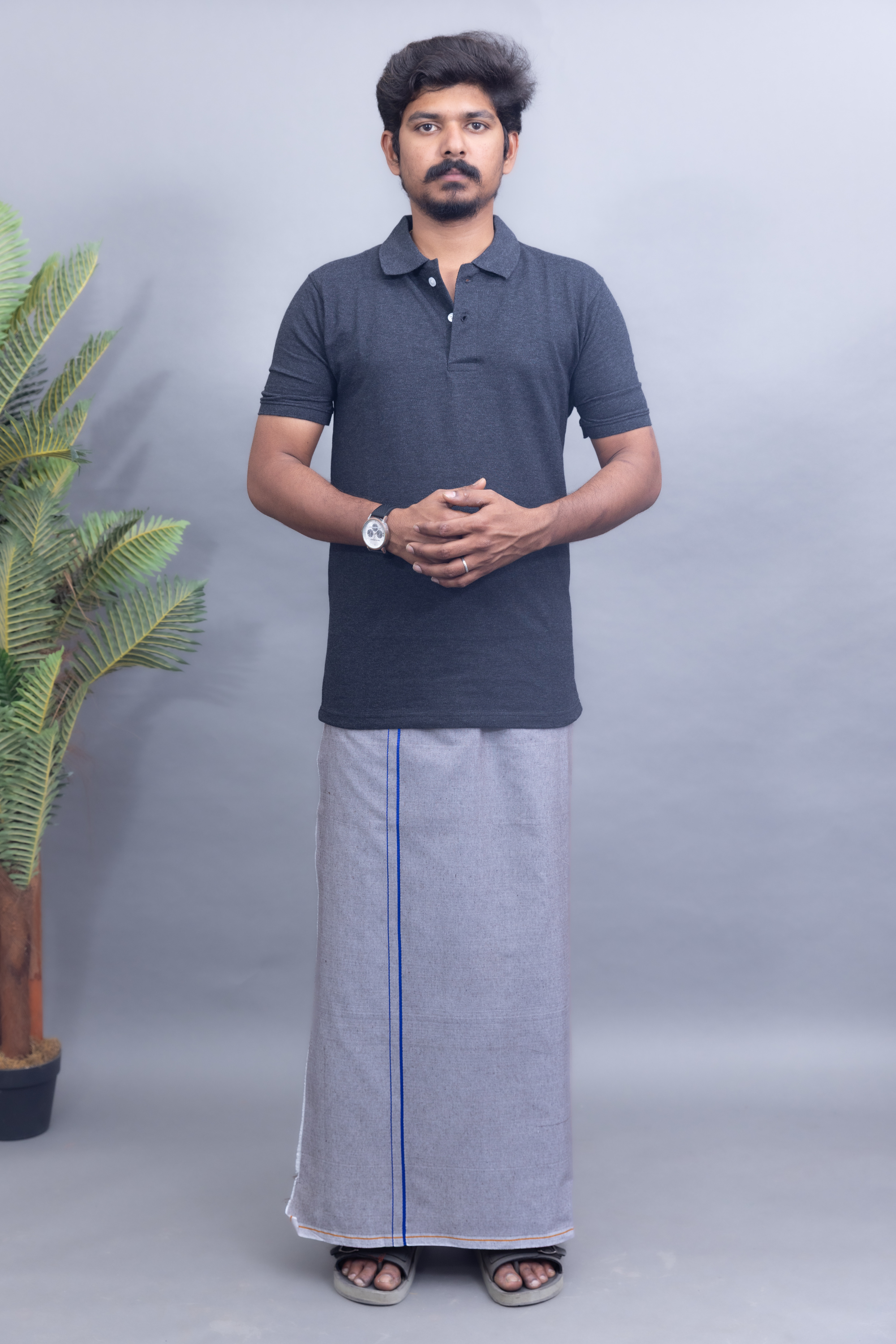 Dark Grey Polo Collar T-Shirt with Ash Grey Colour Dhoti Combo | Men's Cotton Dhoti Set | Single Layer