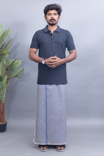 Dark Grey Polo Collar T-Shirt with Ash Grey Colour Dhoti Combo | Men's Cotton Dhoti Set | Single Layer
