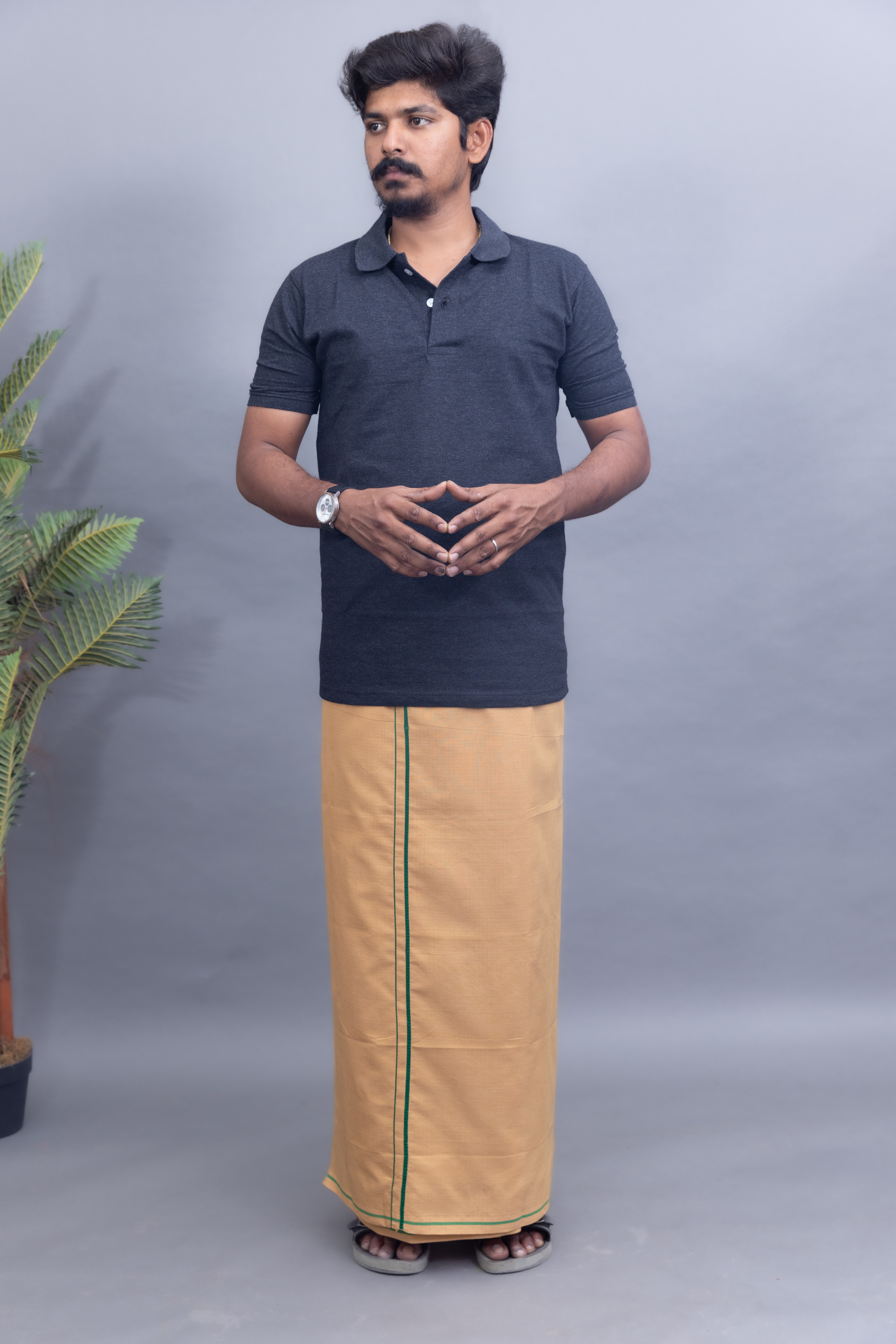 Dark Grey Polo Collar T-Shirt with Sandal Colour Dhoti Combo | Men's Cotton Dhoti Set | Single Layer
