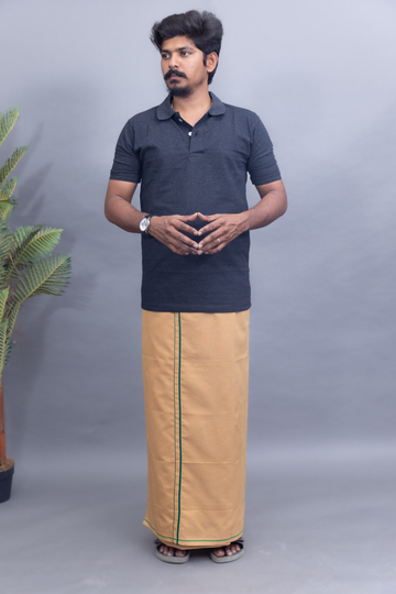 Dark Grey Polo Collar T-Shirt with Sandal Colour Dhoti Combo | Men's Cotton Dhoti Set | Single Layer