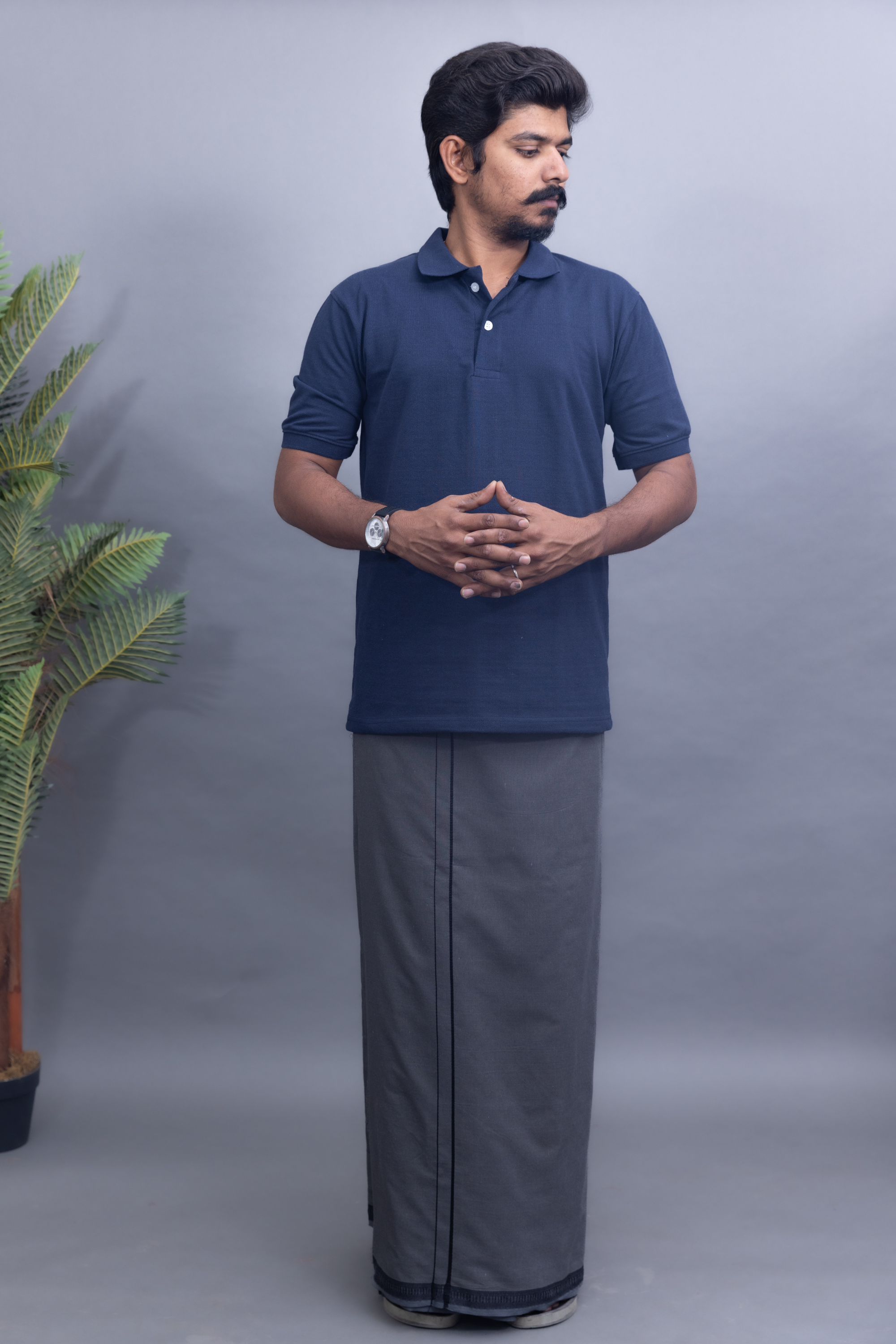 Navy Blue Polo Collar T-Shirt with Silver Colour Pentex Dhoti Combo | Men's Cotton Dhoti Set | Single Layer