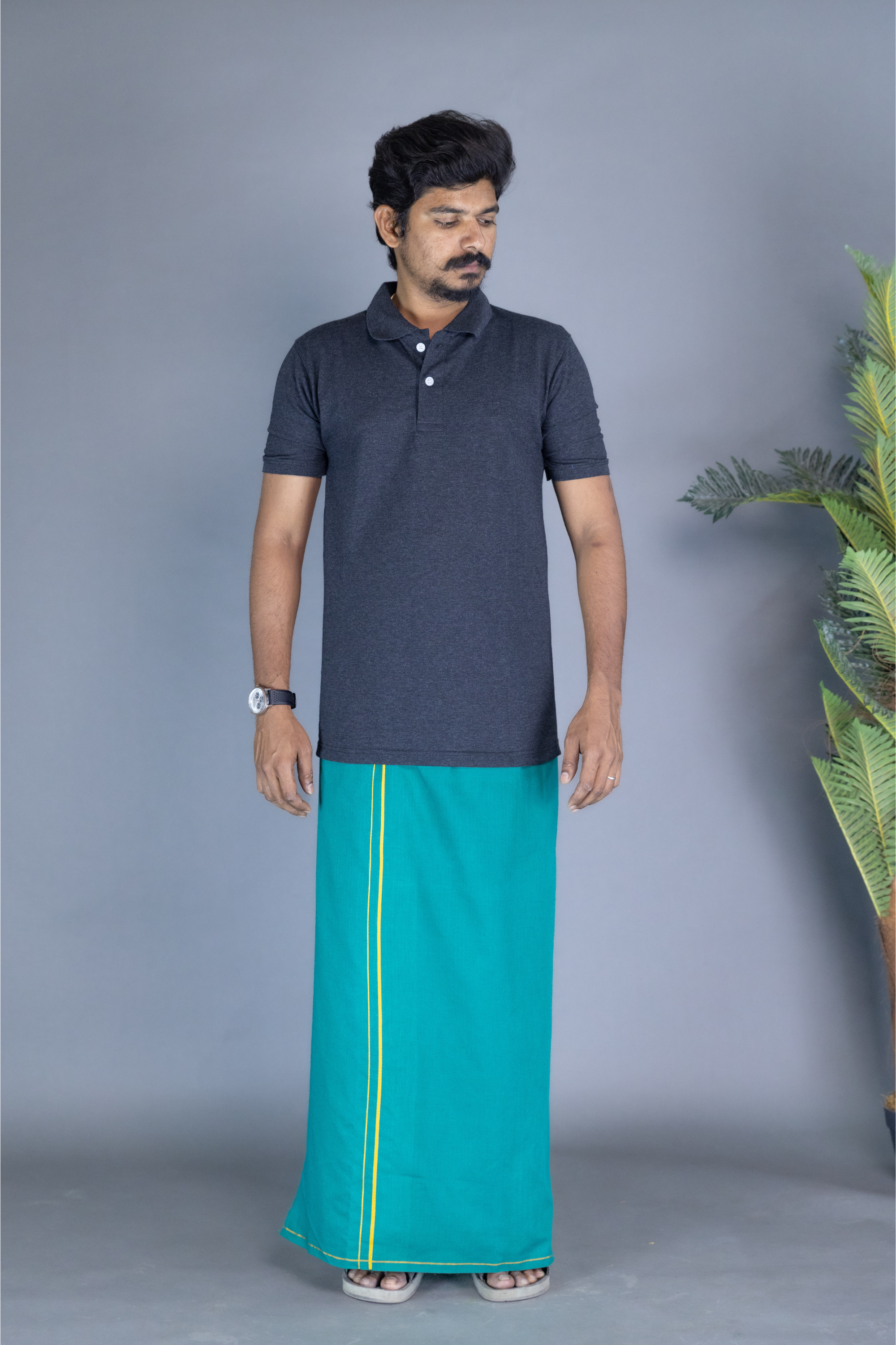 Dark Grey Polo Collar T-Shirt with Green Colour Dhoti Combo | Men's Cotton Dhoti Set | Single Layer