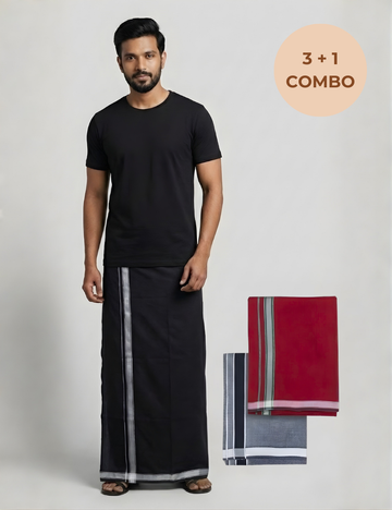 Everyday Essentials Combo – Black T-Shirt with 3 Cotton-Blend Dhotis