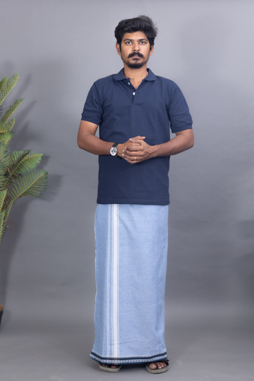 Navy Blue T-Shirt & Sky Blue Cotton Dhoti Combo for Men | Thalapathy Border | Comfortable Veshti Set
