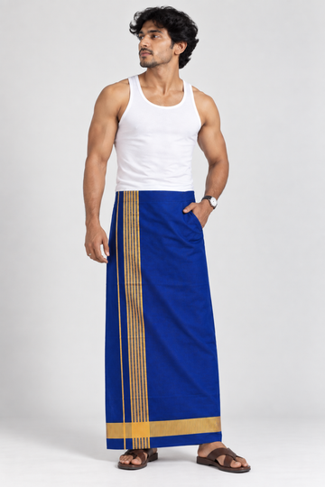 Navy Blue Golden Border Velcro Pocket Dhoti
