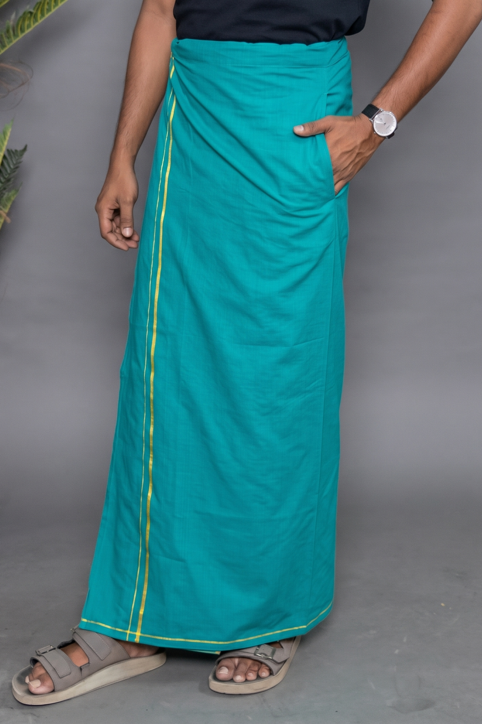 Green Kambi Kara Velcro Dhoti with Pocket