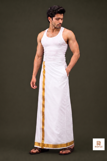 White 1 Inch Gold Jari Border Velcro Dhoti with Pocket