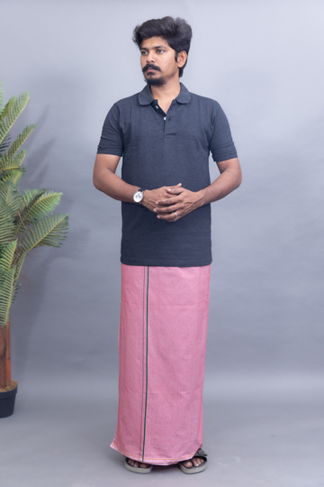 Dark Grey Polo Collar T-Shirt with Rose Pink Colour Dhoti Combo | Men's Cotton Dhoti Set | Single Layer