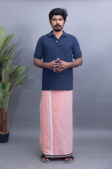 Navy Blue T-Shirt & Peach Colour Cotton Dhoti Combo for Men | Thalapathy Border| Single Layer | Comfortable Dhoti Set