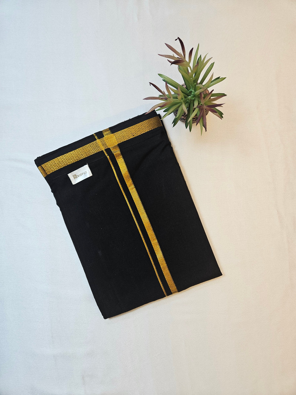 Black Shirt With Black Jari Border Velcro Dhoti & Matching Towel Combo