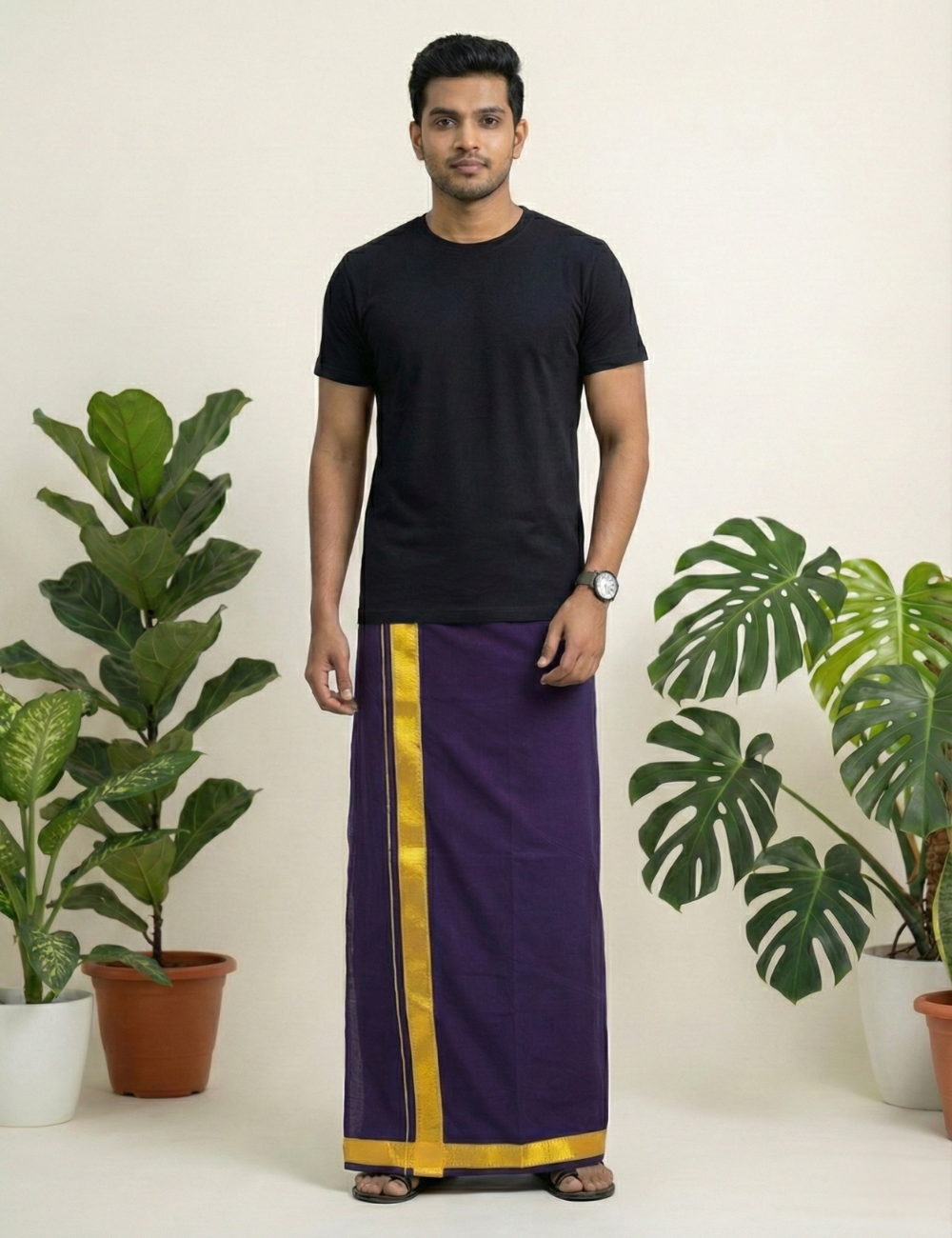 Rust Brown & Violet Cotton Blend Single Layer Dhoti Combo (Rajamanikkam Border) | Pack Of 2