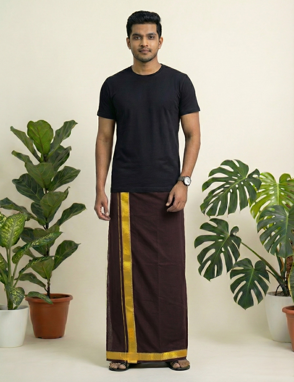 Deep Maroon & Whine Brown Cotton Blend Single Layer Dhoti Combo (Rajamanikkam Border) | Pack Of 2