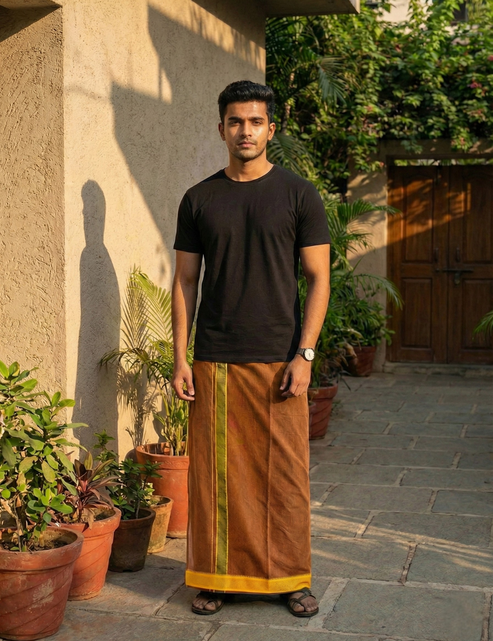 Rust Brown Jari Border Cotton Blend Single Layer  Dhoti – Padayappa Design