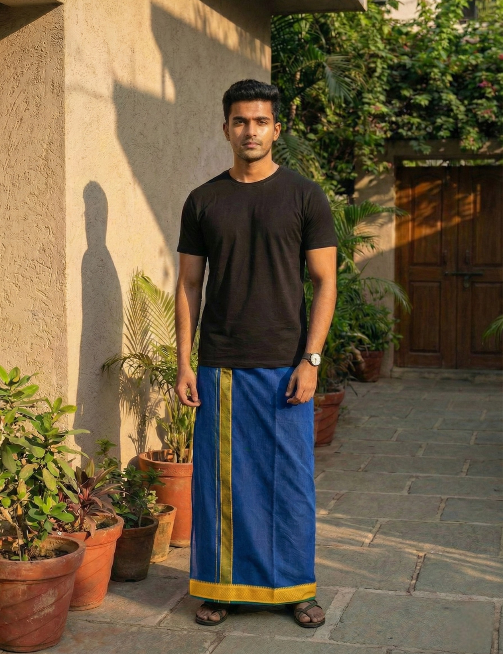 Royal Blue & Deep Maroon Colour Cotton Blend Single Layer Dhoti Combo (Padayappa Border) | Pack Of 2