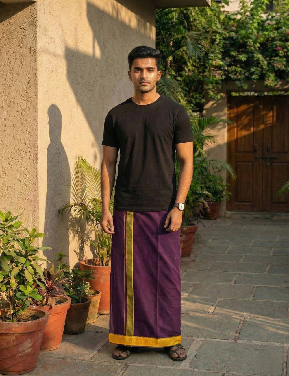 Violet & Maroon Cotton Blend Single Layer Dhoti Combo (Padayappa Border) | Pack Of 2