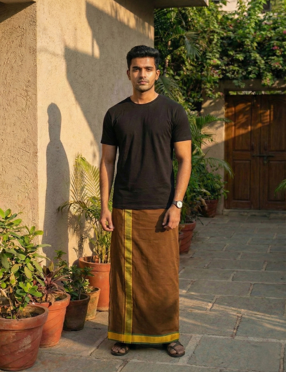Olive Brown & Deep Maroon Colour Cotton Blend Single Layer Dhoti Combo (Padayappa Border) | Pack Of 2