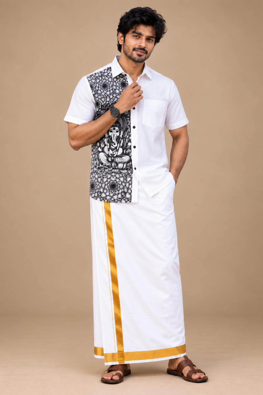 Ganesha Half Printed Shirt With White Pocket Dhoti Combo