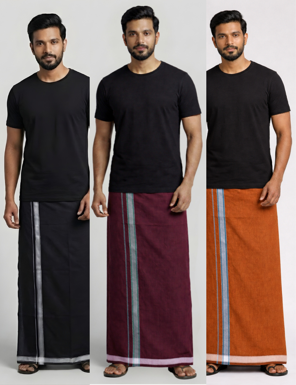 Dark Edition Combo – Black T-Shirt with 3 Cotton-Blend Dhotis