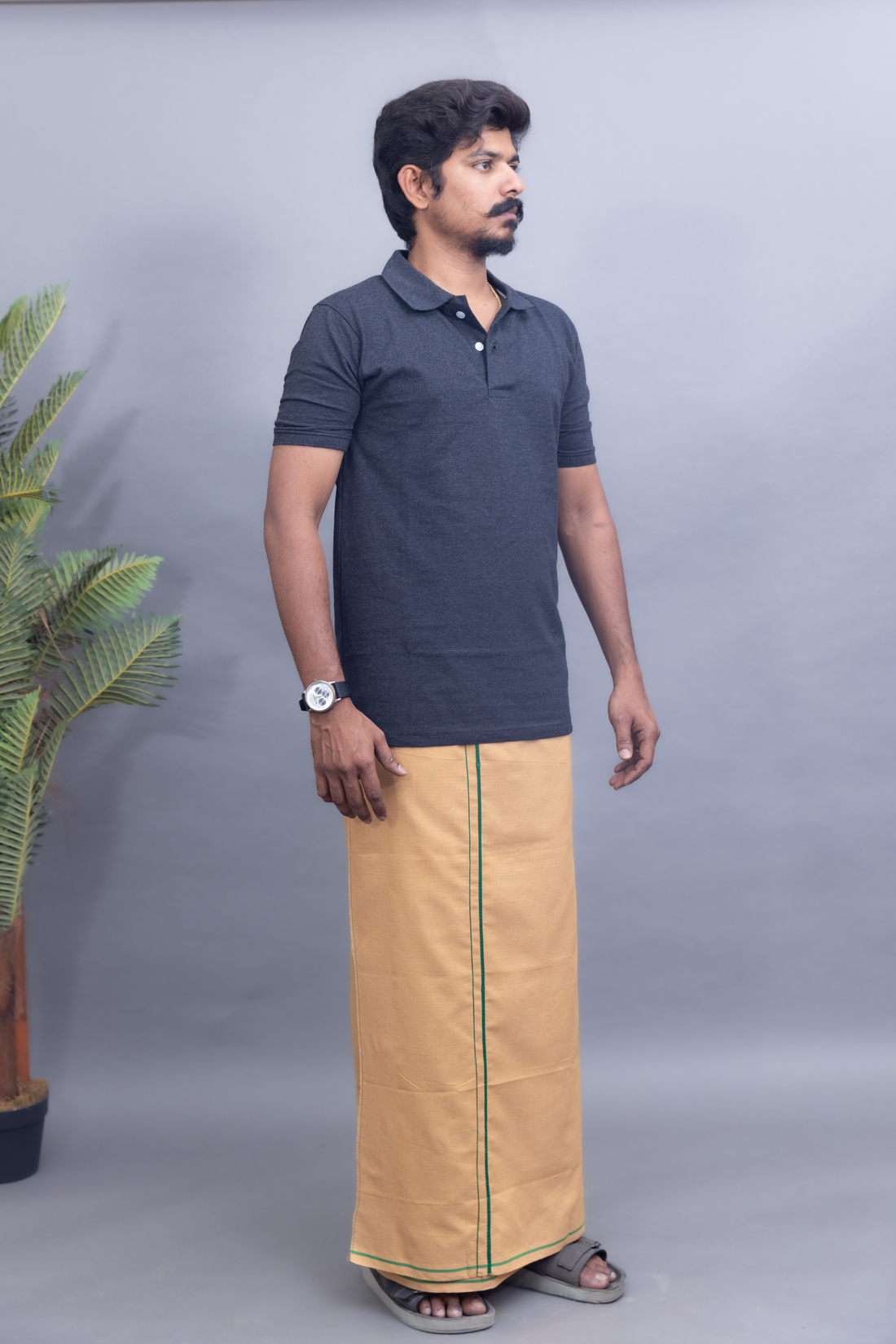 Dark Grey Polo Collar T-Shirt with Sandal Colour Dhoti Combo | Men's Cotton Dhoti Set | Single Layer