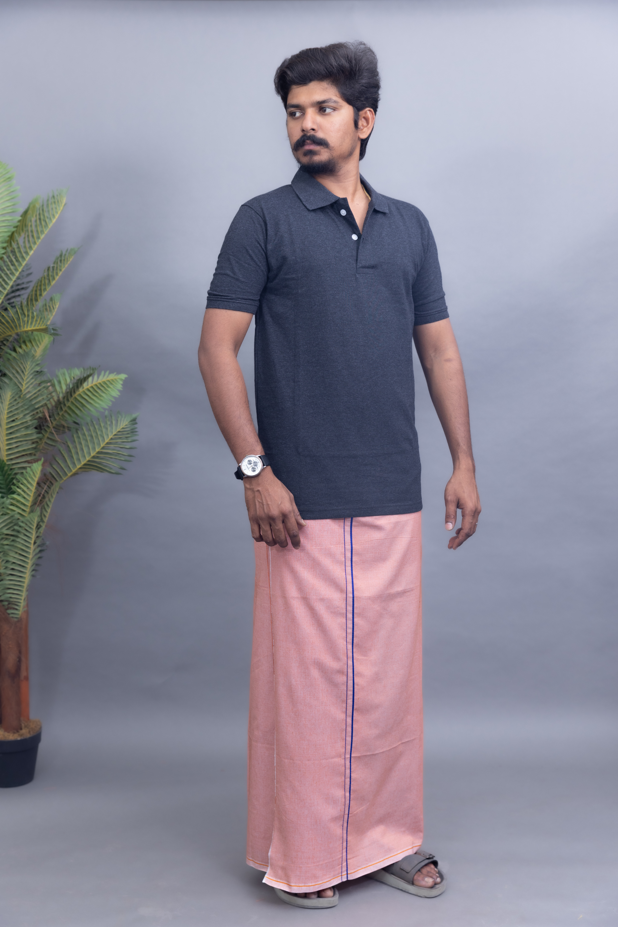 Dark Grey Polo Collar T-Shirt with Peach Colour Dhoti Combo | Men's Cotton Dhoti Set | Single Layer