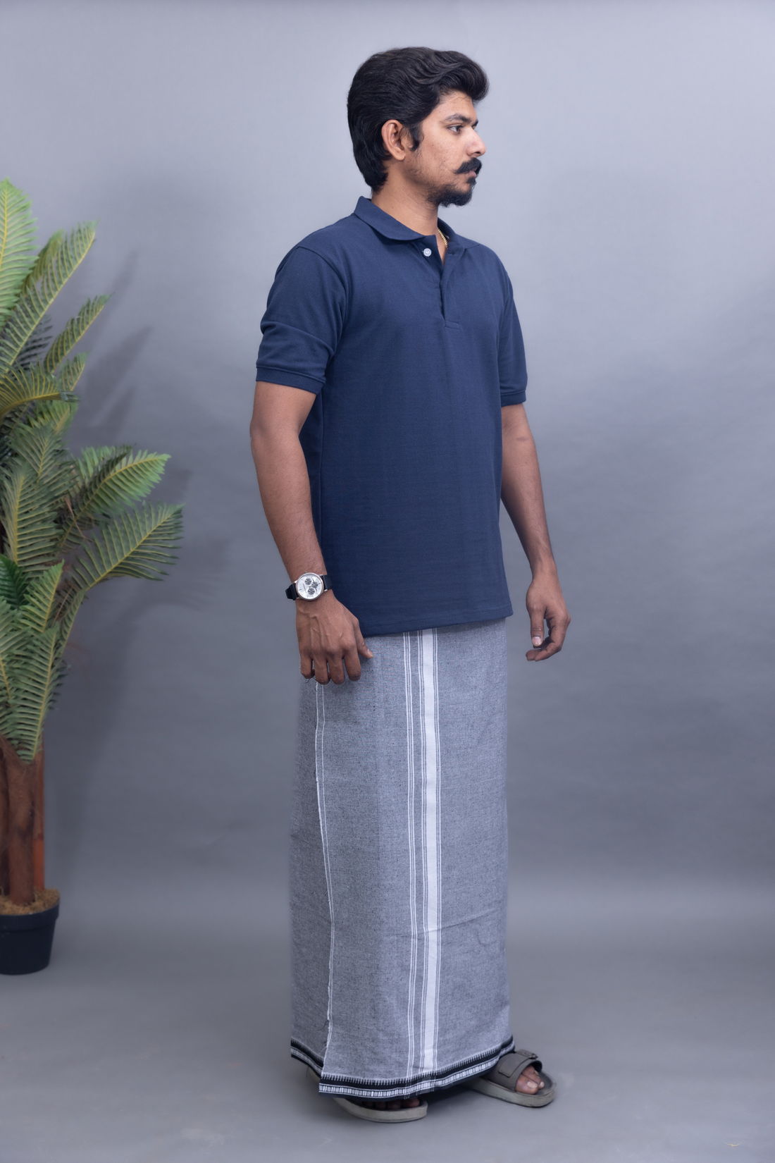 Navy Blue T-Shirt & Ash Grey Cotton Dhoti Combo for Men | Thalapathy Border| Single Layer | Comfortable Dhoti Set